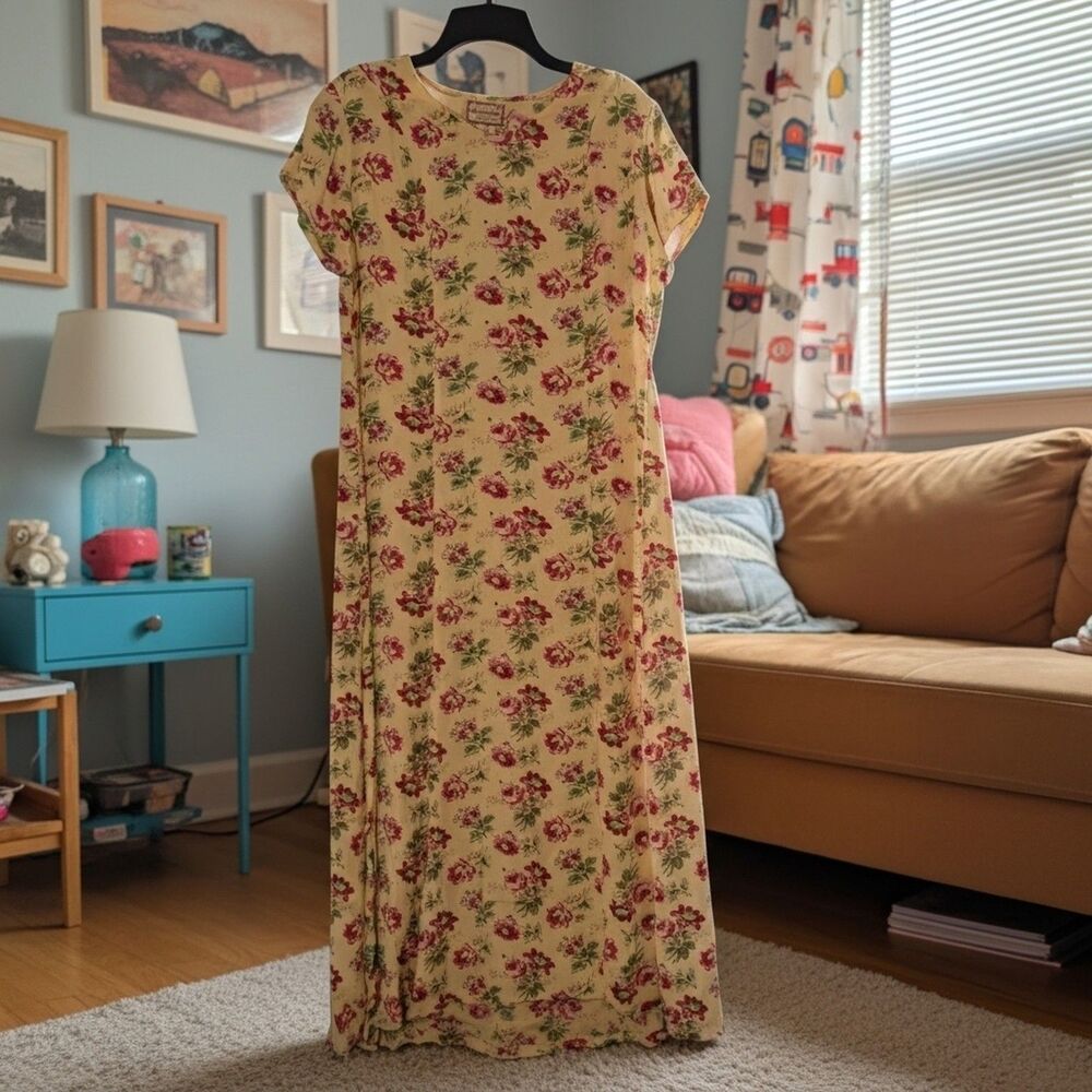 Y2K April Cornell Yellow Maxi Shift Dress Modest Floral Size M Y2K 90's Retro